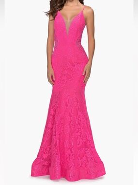 La Femme Long Mermaid Lace Dress with Back Rhinestone Detail Style 28355